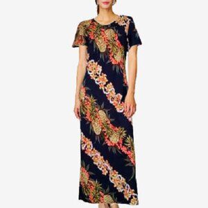 Vintage Hilo Hattie Hawaiian XL black floral pineapple maxi dress